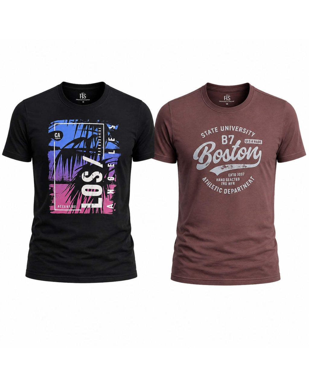 Pack of 2 | Boston Graphic Print T-Shirt & Los Angeles Print Black Round Neck T-Shirt