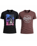 Pack of 2 | Boston Graphic Print T-Shirt & Los Angeles Print Black Round Neck T-Shirt