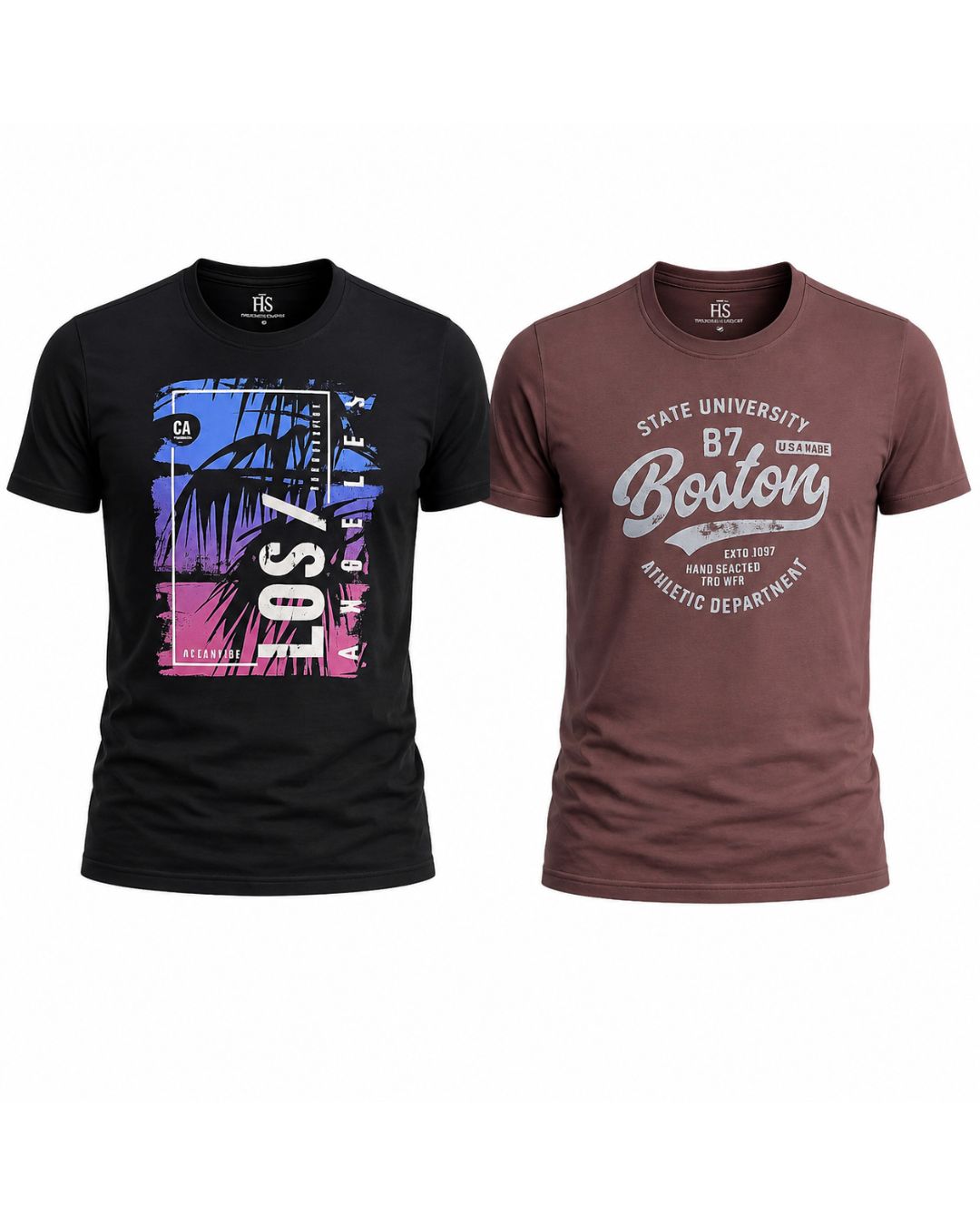 Pack of 2 | Boston Graphic Print T-Shirt & Los Angeles Print Black Round Neck T-Shirt