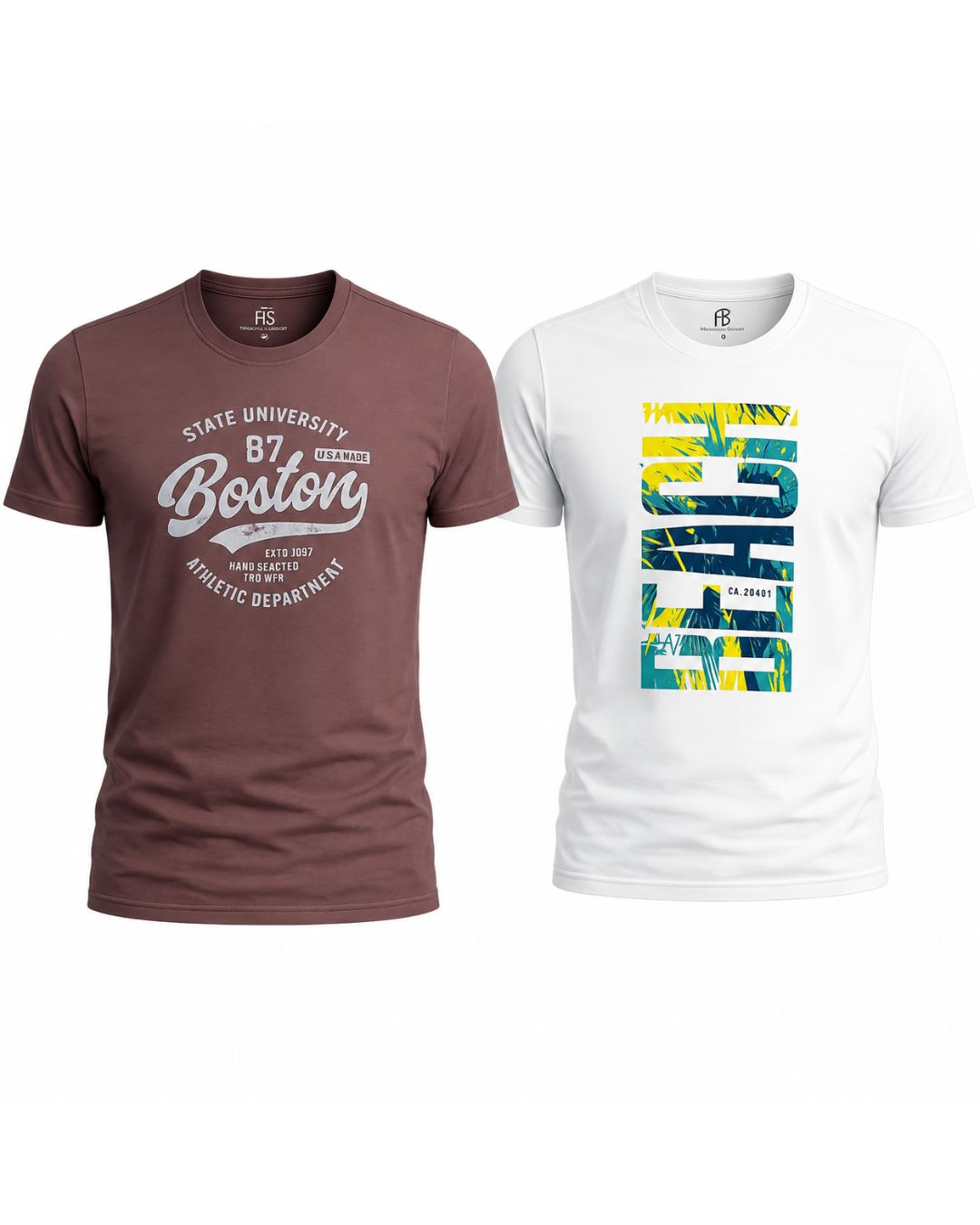 Pack of 2 | Beach Print Round Neck & Boston Graphic Print T shirt | 180 GSM
